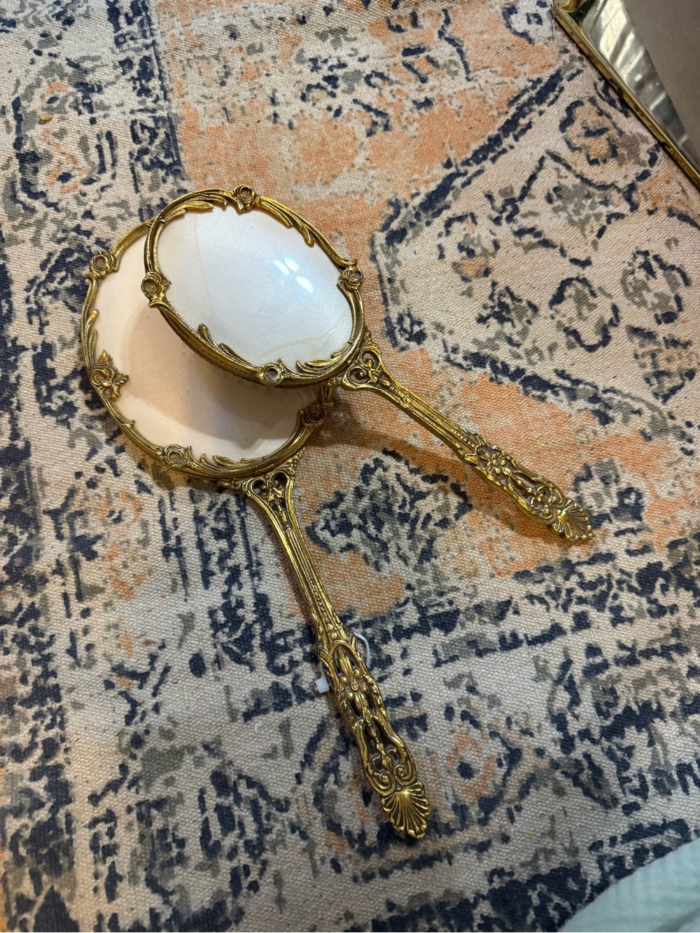 Vintage Hollywood regency ornate Gold Hand Mirror and Brush Set